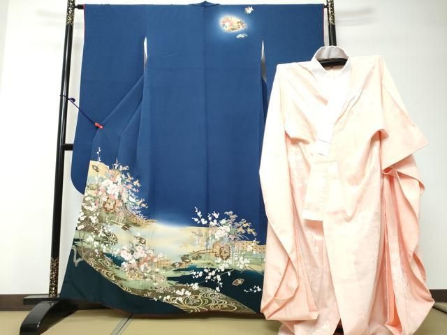 平和屋着物●豪華振袖・長襦袢（無双仕立て）セット　駒刺繍　流水花車文　暈し染め　正絹　逸品　DABK0940ud
