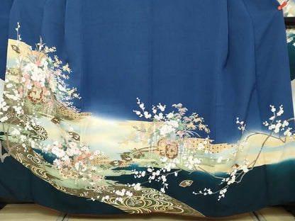 平和屋着物●豪華振袖・長襦袢（無双仕立て）セット　駒刺繍　流水花車文　暈し染め　正絹　逸品　DABK0940ud