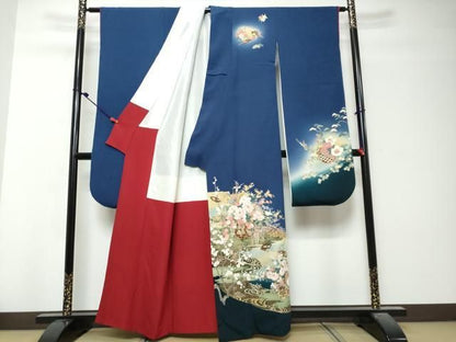 平和屋着物●豪華振袖・長襦袢（無双仕立て）セット　駒刺繍　流水花車文　暈し染め　正絹　逸品　DABK0940ud