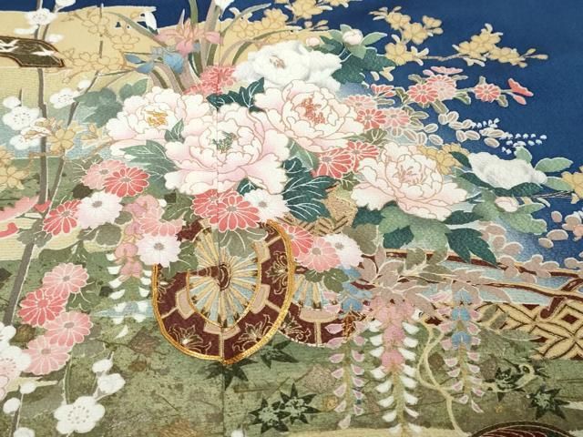平和屋着物●豪華振袖・長襦袢（無双仕立て）セット　駒刺繍　流水花車文　暈し染め　正絹　逸品　DABK0940ud