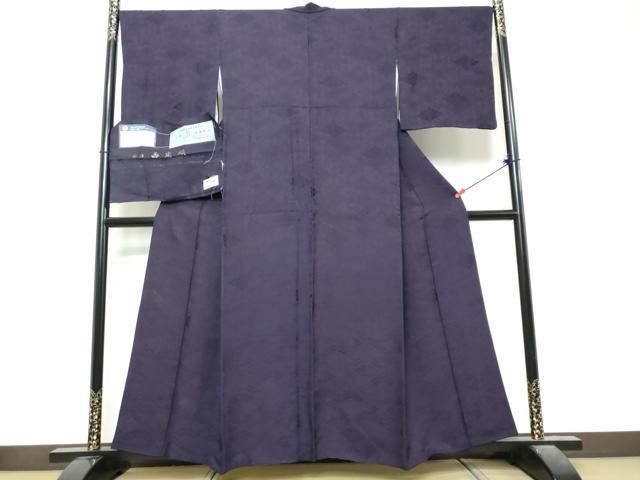 平和屋着物●上質な色無地　寿光織　天然蓬茉藍染　花菱地紋　紫紺色　反端付き　正絹　逸品　DABK0947ud