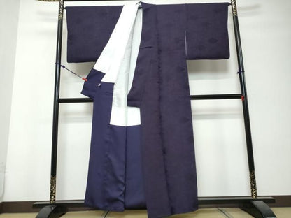 平和屋着物●上質な色無地　寿光織　天然蓬茉藍染　花菱地紋　紫紺色　反端付き　正絹　逸品　DABK0947ud