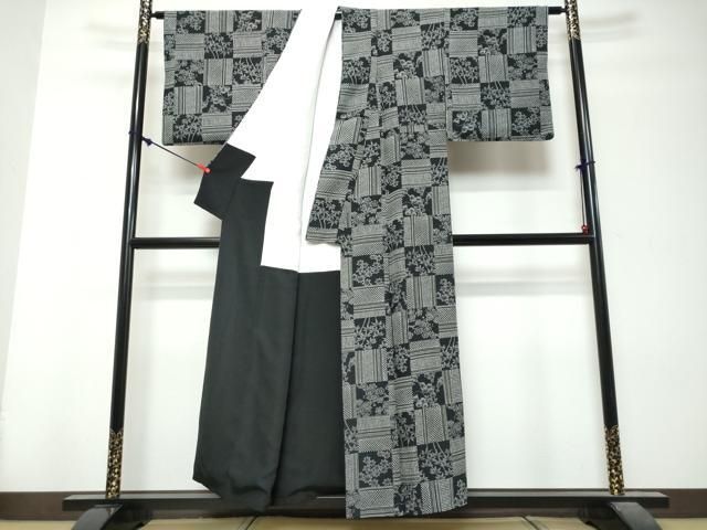 平和屋着物●上質な小紋　格子草花文　黒地　正絹　逸品　DABK0955ud