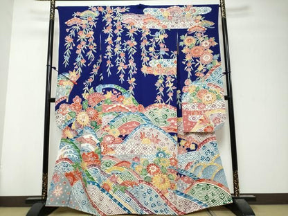 平和屋着物●豪華振袖　紅型　流水草花文　正絹　逸品　DABK0960ud