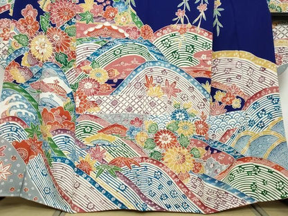 平和屋着物●豪華振袖　紅型　流水草花文　正絹　逸品　DABK0960ud