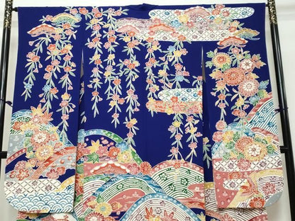 平和屋着物●豪華振袖　紅型　流水草花文　正絹　逸品　DABK0960ud