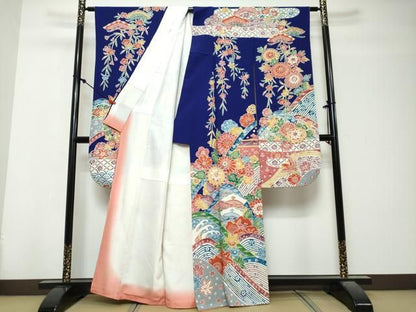 平和屋着物●豪華振袖　紅型　流水草花文　正絹　逸品　DABK0960ud