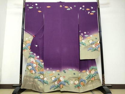 平和屋着物●豪華振袖　駒刺繍　流水草花文　暈し染め　金彩　正絹　逸品　DABK0963ud