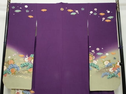 平和屋着物●豪華振袖　駒刺繍　流水草花文　暈し染め　金彩　正絹　逸品　DABK0963ud
