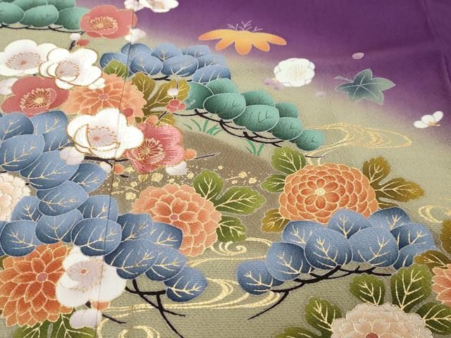 平和屋着物●豪華振袖　駒刺繍　流水草花文　暈し染め　金彩　正絹　逸品　DABK0963ud