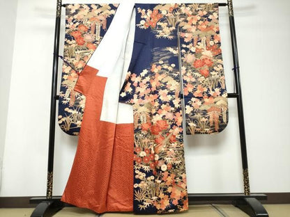 平和屋着物●豪華振袖　駒刺繍　流水草花文　金彩　正絹　逸品　DABK0969ud