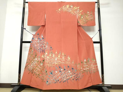 平和屋着物●訪問着　駒刺繍　草花文　正絹　逸品　DABK0980ud