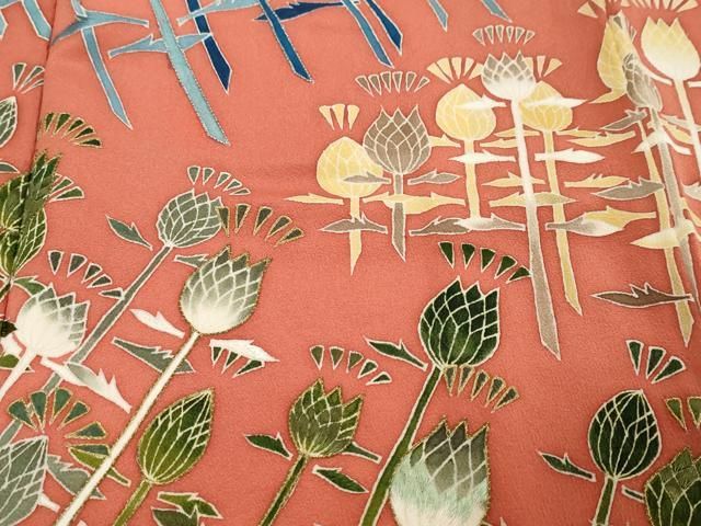 平和屋着物●訪問着　駒刺繍　草花文　正絹　逸品　DABK0980ud