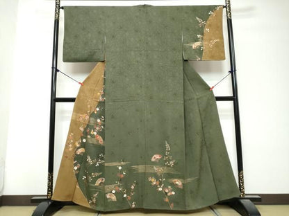 平和屋着物●訪問着　駒刺繍　扇面花文　金彩　正絹　逸品　DABK0987ud