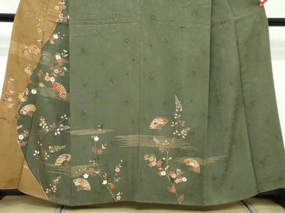 平和屋着物●訪問着　駒刺繍　扇面花文　金彩　正絹　逸品　DABK0987ud
