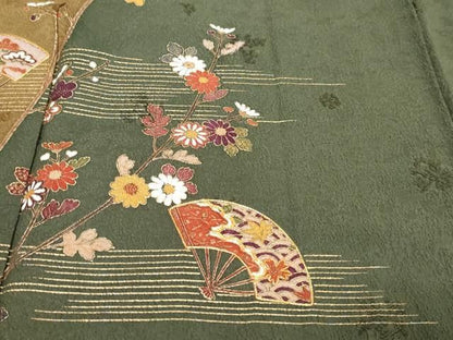 平和屋着物●訪問着　駒刺繍　扇面花文　金彩　正絹　逸品　DABK0987ud