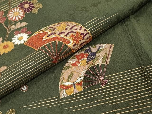 平和屋着物●訪問着　駒刺繍　扇面花文　金彩　正絹　逸品　DABK0987ud