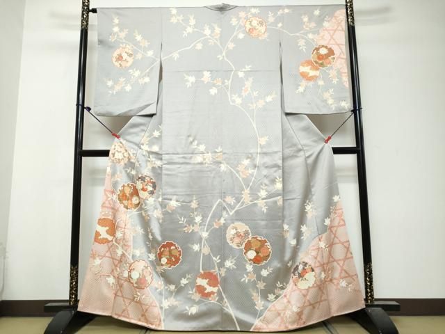 平和屋着物●訪問着　駒刺繍　雪輪草花文　金彩　正絹　逸品　DABK0988ud