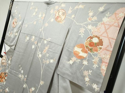 平和屋着物●訪問着　駒刺繍　雪輪草花文　金彩　正絹　逸品　DABK0988ud