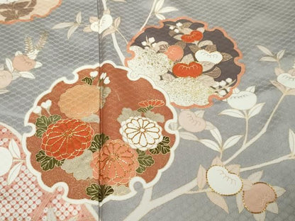 平和屋着物●訪問着　駒刺繍　雪輪草花文　金彩　正絹　逸品　DABK0988ud