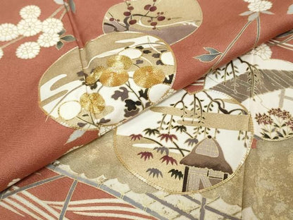平和屋着物●訪問着　駒刺繍　渡橋風景草花文　金彩　ますいわ屋扱い　正絹　逸品　DABK0995ud