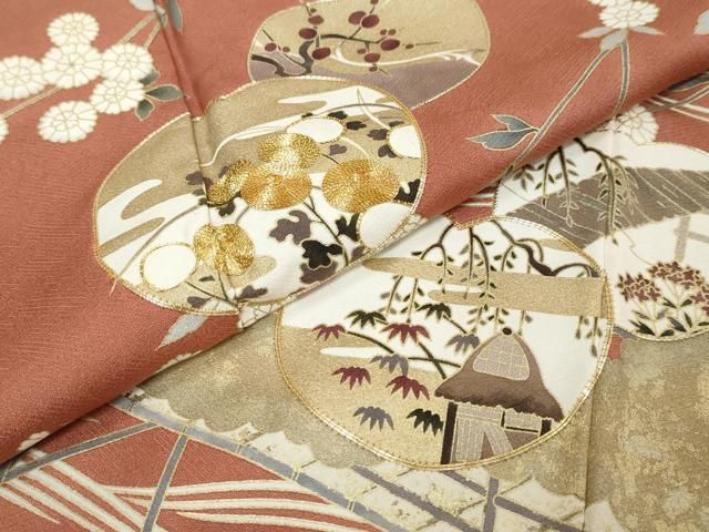 平和屋着物●訪問着　駒刺繍　渡橋風景草花文　金彩　ますいわ屋扱い　正絹　逸品　DABK0995ud