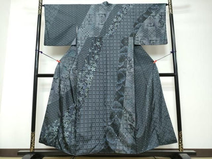 平和屋着物●本場縞大島紬　訪問着　染大島　吉祥花鳥文　正絹　逸品　DABK0998ud