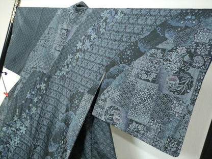 平和屋着物●本場縞大島紬　訪問着　染大島　吉祥花鳥文　正絹　逸品　DABK0998ud