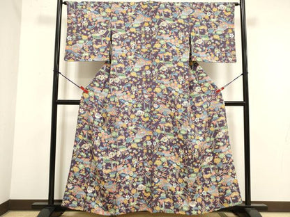 平和屋着物▽上質な小紋　単衣　型染め　扇面花文　正絹　逸品　DABK1008cd