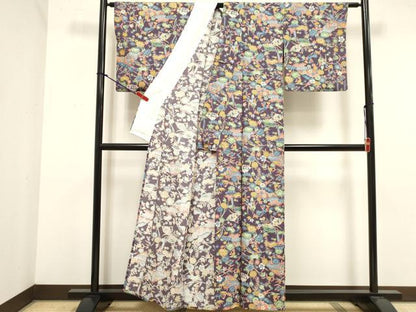 平和屋着物▽上質な小紋　単衣　型染め　扇面花文　正絹　逸品　DABK1008cd