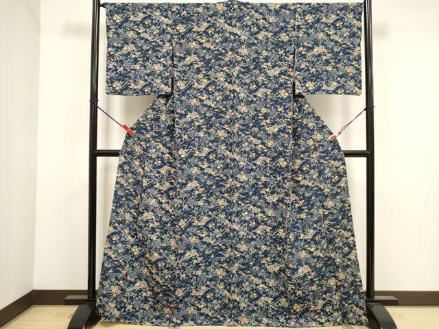 平和屋着物▽上質な小紋　単衣　型染め　松皮菱花文　正絹　逸品　DABK1011cd