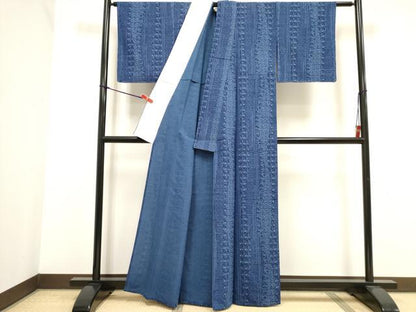 平和屋着物▽小紋　単衣　藍　型染め　抽象間道　未使用　DABK1017cd