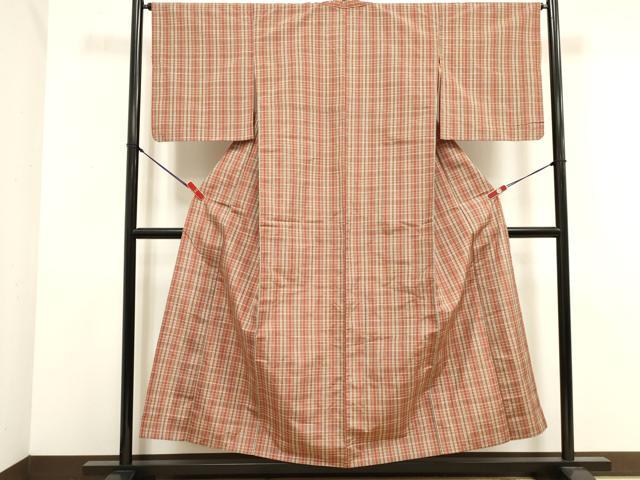 平和屋着物▽上質な紬 　単衣　 格子　正絹　逸品　未使用　DABK1030cd
