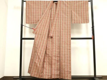 平和屋着物▽上質な紬 　単衣　 格子　正絹　逸品　未使用　DABK1030cd