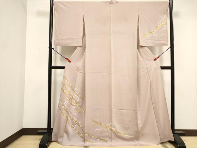 平和屋着物▽訪問着　単衣　駒刺繍　流水花文　金彩　ロング丈　正絹　逸品　DABK1032cd