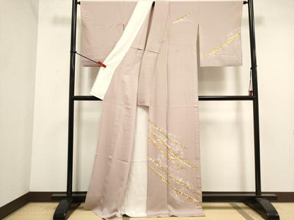 平和屋着物▽訪問着　単衣　駒刺繍　流水花文　金彩　ロング丈　正絹　逸品　DABK1032cd