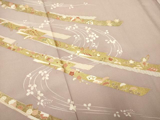 平和屋着物▽訪問着　単衣　駒刺繍　流水花文　金彩　ロング丈　正絹　逸品　DABK1032cd