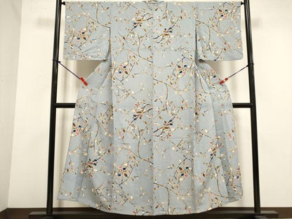 平和屋着物▽上質な小紋　単衣　枝花文　鬼しぼ縮緬　正絹　逸品　DABK1037cd