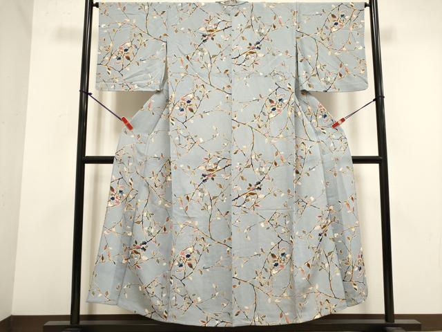 平和屋着物▽上質な小紋　単衣　枝花文　鬼しぼ縮緬　正絹　逸品　DABK1037cd