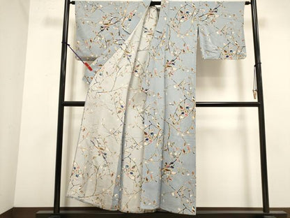 平和屋着物▽上質な小紋　単衣　枝花文　鬼しぼ縮緬　正絹　逸品　DABK1037cd