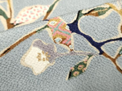 平和屋着物▽上質な小紋　単衣　枝花文　鬼しぼ縮緬　正絹　逸品　DABK1037cd