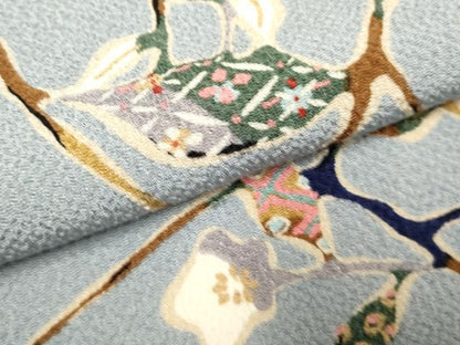 平和屋着物▽上質な小紋　単衣　枝花文　鬼しぼ縮緬　正絹　逸品　DABK1037cd