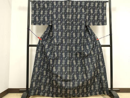 平和屋着物▽上質な紬　単衣　井桁花間道　正絹　逸品　DABK1046cd
