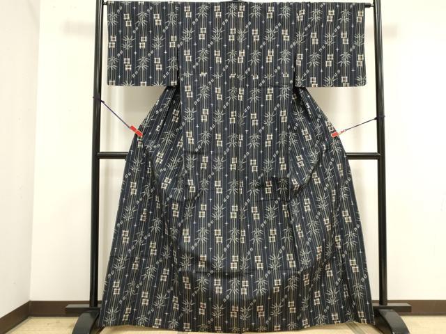 平和屋着物▽上質な紬　単衣　井桁花間道　正絹　逸品　DABK1046cd
