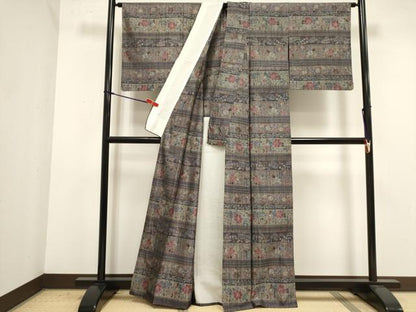 平和屋着物▽上質な紬　単衣　横段花文　正絹　逸品　DABK1047cd