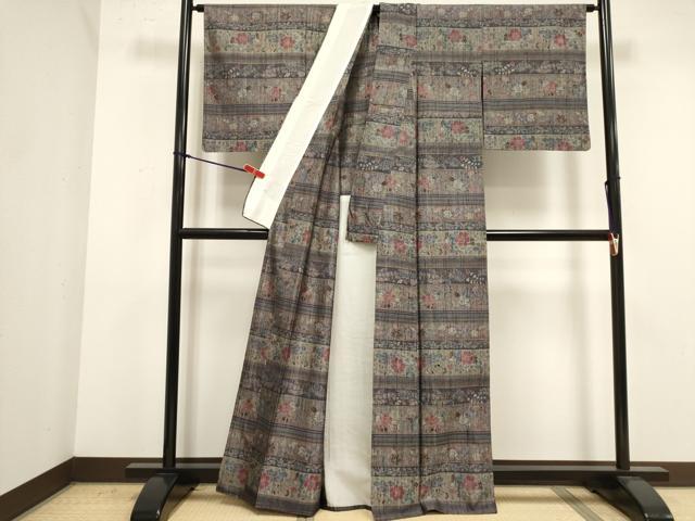 平和屋着物▽上質な紬　単衣　横段花文　正絹　逸品　DABK1047cd