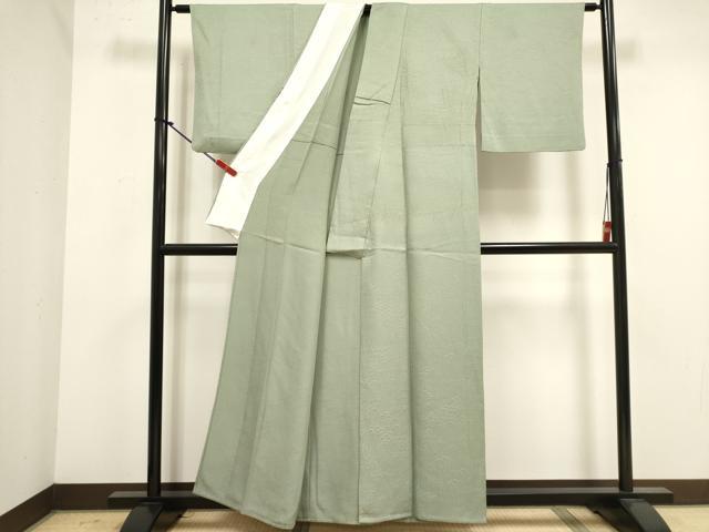 平和屋着物▽上質な色無地　単衣　舞花地紋　草葉柳色　正絹　逸品　DABK1053cd