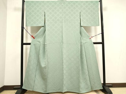 平和屋着物▽上質な色無地　単衣　菱地紋　錆青磁色　正絹　逸品　DABK1065cd