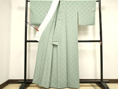 平和屋着物▽上質な色無地　単衣　菱地紋　錆青磁色　正絹　逸品　DABK1065cd