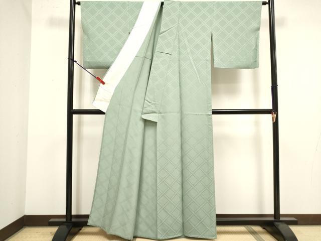 平和屋着物▽上質な色無地　単衣　菱地紋　錆青磁色　正絹　逸品　DABK1065cd